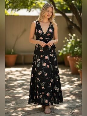 Reformation V-Neck Black Floral Wrap Maxi Dress XS Women’s